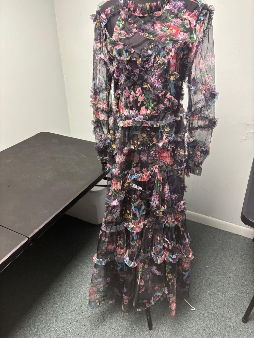 Floral Ruffle Tiered Maxi Dress - Black with Multicolor Floral